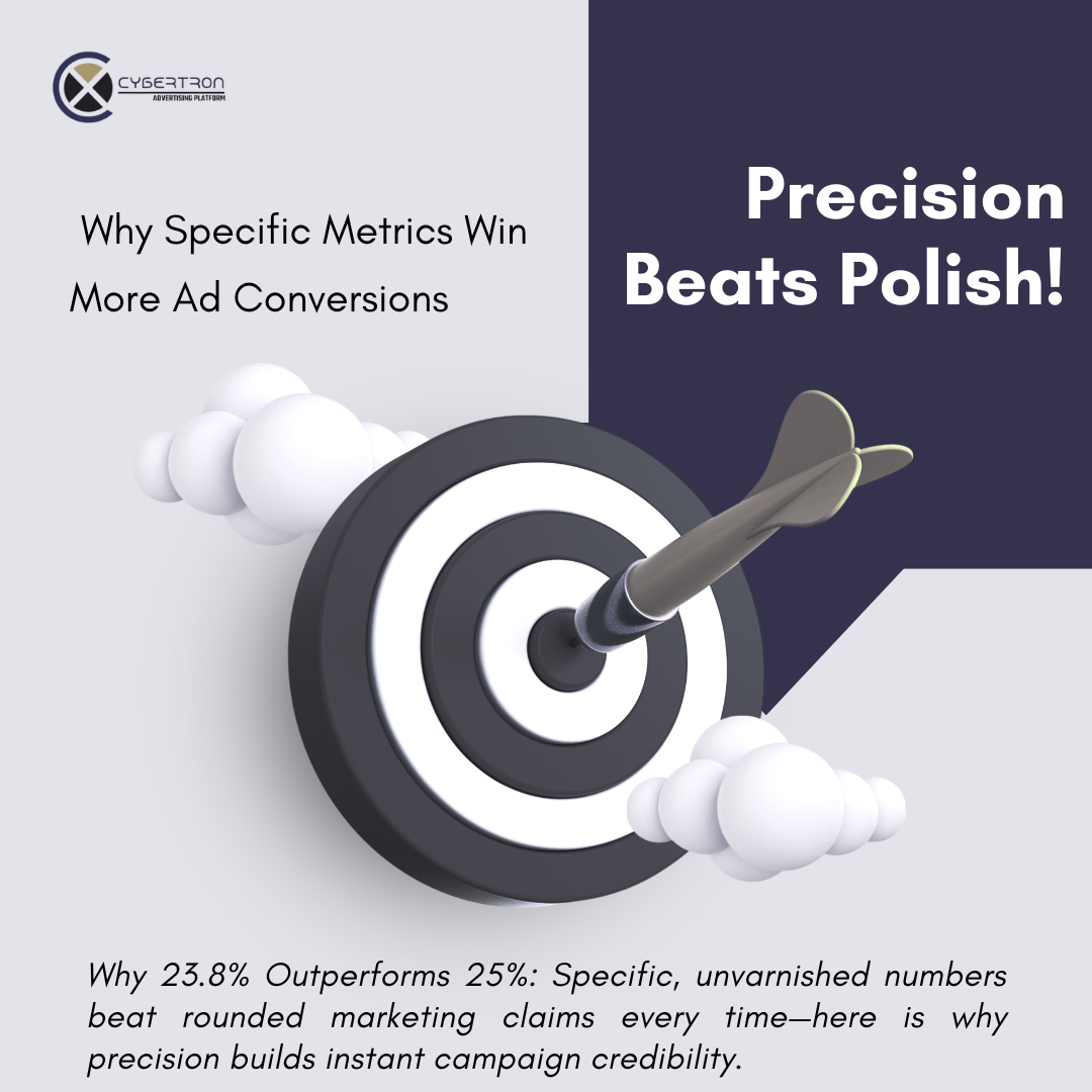 Cybertron Ads graphic highlighting precision marketing metrics over rounded numbers